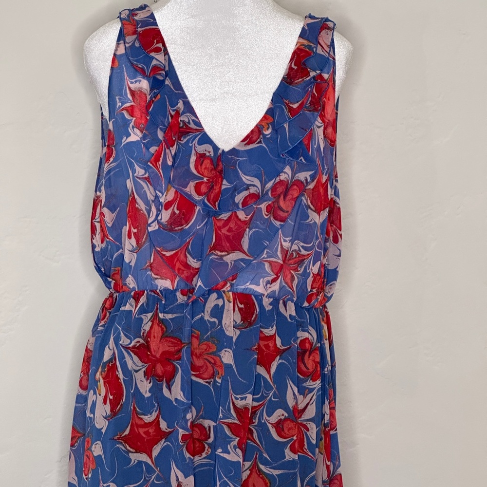 Rachel Roy Blue & Red Floral Sheer Asymmetric Dress- Size Large